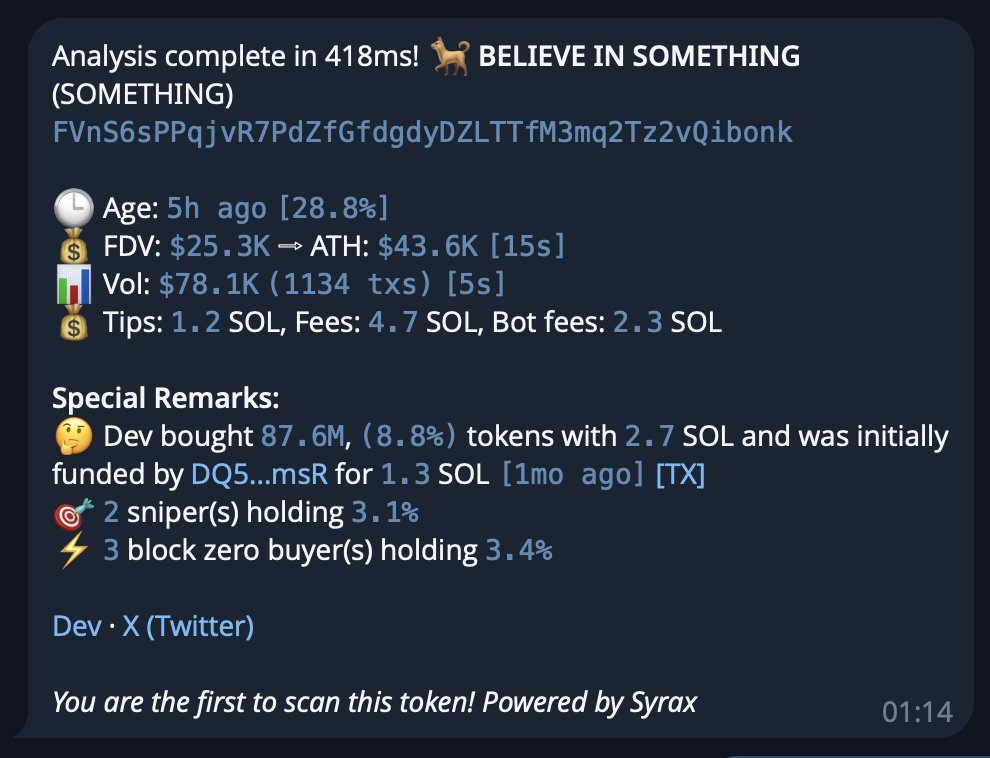 Preview of the updated <a href="/SyraxAI/">Syrax</a> Telegram bot that's about to release

&gt; Superfast scans
&gt; Supports ALL launchpads
&gt; Rich data like Twitter Reuse, Dev Funding, Fees Paid