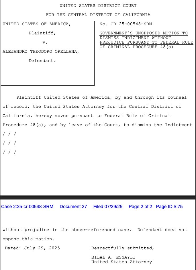 kyledcheney's tweet photo. JUST IN: DOJ has dropped charges against Alejandro Orellana, a man charged for distributing face shields to protesters in LA -- and whose arrest was touted by Trump allies as a big win. 

The reason was not immediately clear. https://t.co/alVHrL1RXo https://t.co/2Ql6dopqLS