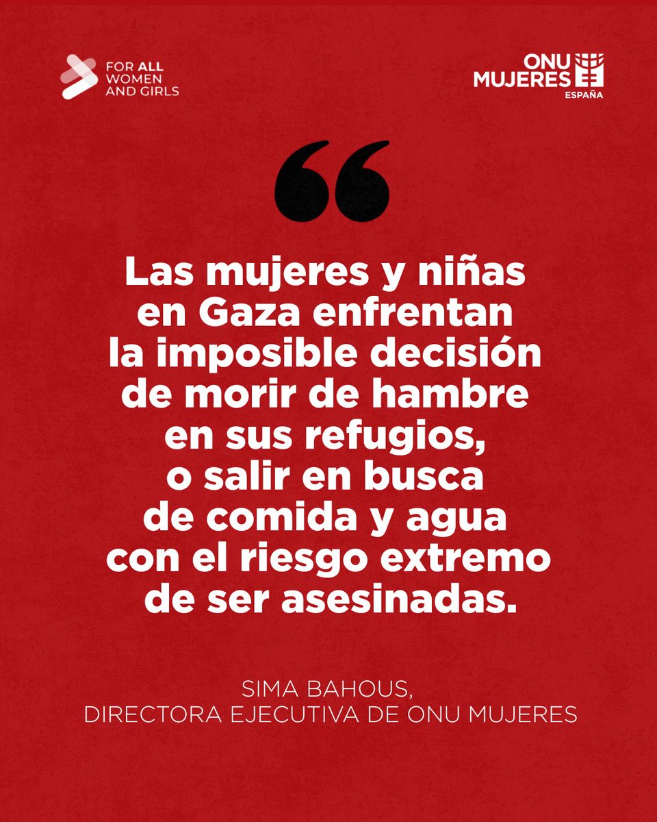 ONU Mujeres se une al llamado de <a href="/ONU_es/">Naciones Unidas</a> y organizaciones humanitarias para poner fin al horror que viven las mujeres y niñas en Gaza.

Exigimos:
🔹 Acceso humanitario sin restricciones
🔹 Liberación de rehenes
🔹 Alto el fuego inmediato

Por un futuro de paz.