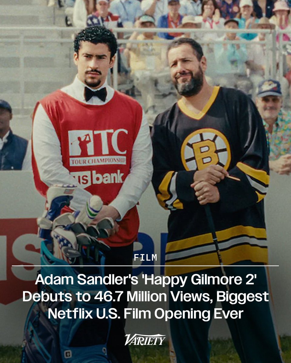 Variety's tweet image. #HappyGilmore2 swings big with 46.7 million views in just three days — making it the biggest US opening weekend in Netflix history and Adam Sandler’s top debut on the platform.
wp.me/pc8uak-1lG7cH