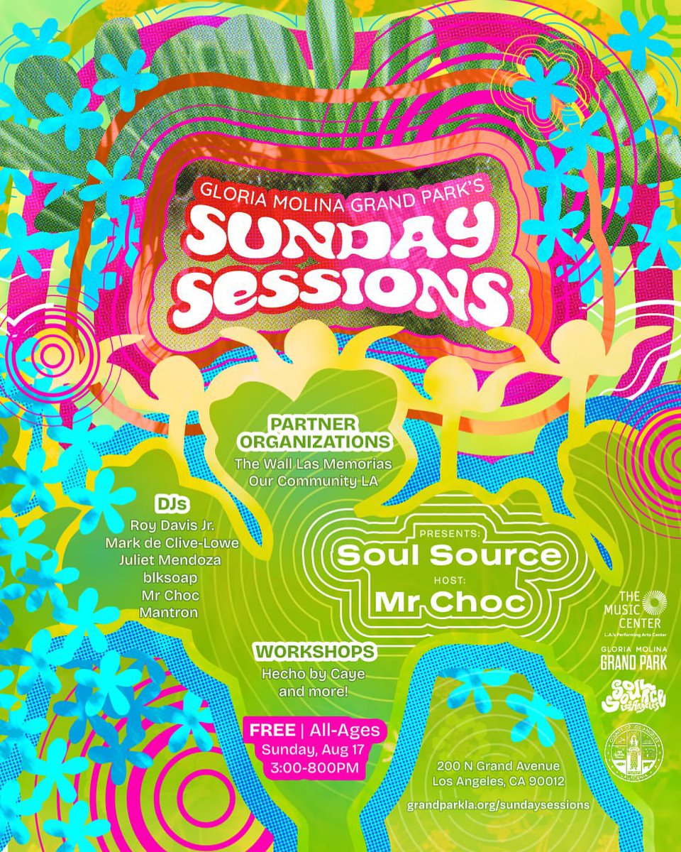 Community. Fresh air. Good music. BIG MOOD!! ☀️🌳🎶

Gloria Molina Grand Park’s Sunday Sessions with Soul Source LA is coming in strong. Get ready for good 🎶, dance circles, immaculate energy, the freshest fits, and peak joy on the dance lawn. 

🗓️ August 17, FREE | All Ages. 🎉