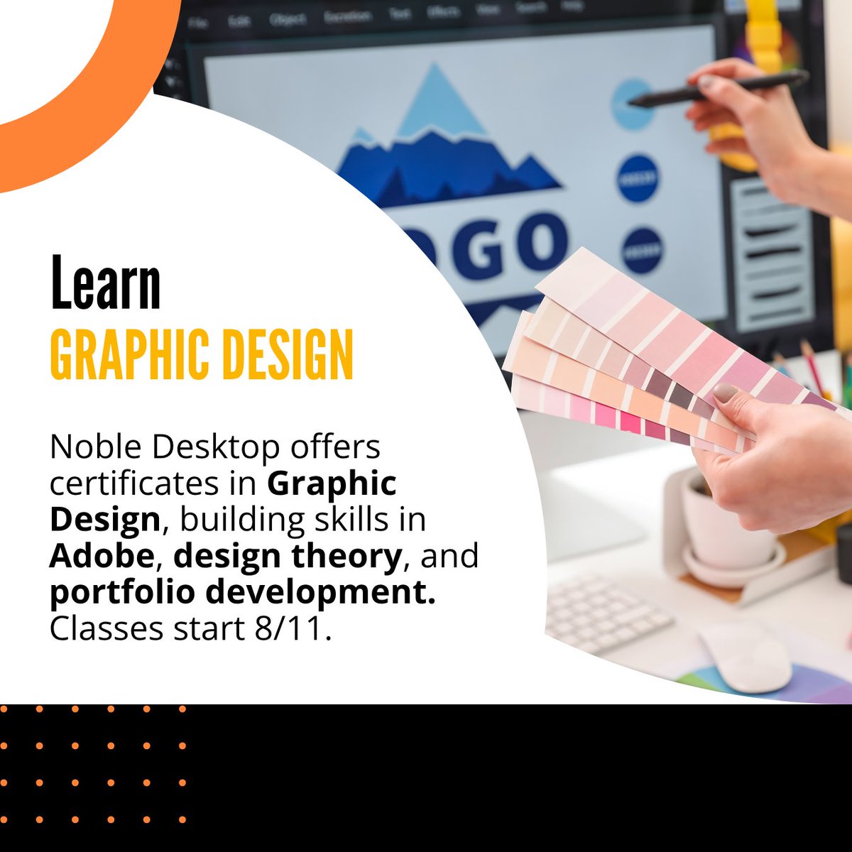 nobledesktop's tweet image. Ready to turn your creative passion into a career? Master Photoshop, Illustrator, InDesign, and the design theory behind eye-catching visuals. Build a portfolio that shows employers what you can do with our upcoming graphic design certificate. Classes start 8/11.