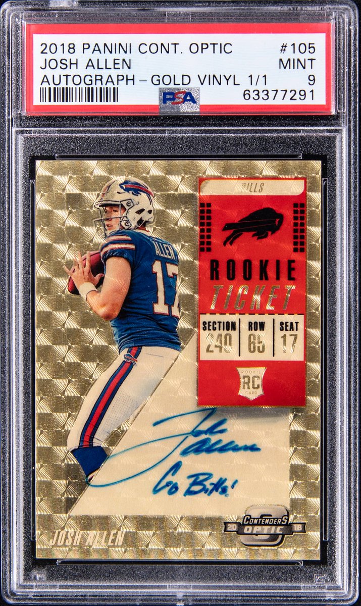 The reigning NFL MVP! 🏈 

This 2018 Panini Contenders Optic Rookie Ticket Autograph Gold Vinyl Prizm #105 Josh Allen Signed, Inscribed "Go Bills!" Rookie Card (#1/1) - PSA MINT 9 is available now in our July Elite Auction.

Bid now: bit.ly/4lTaXRW