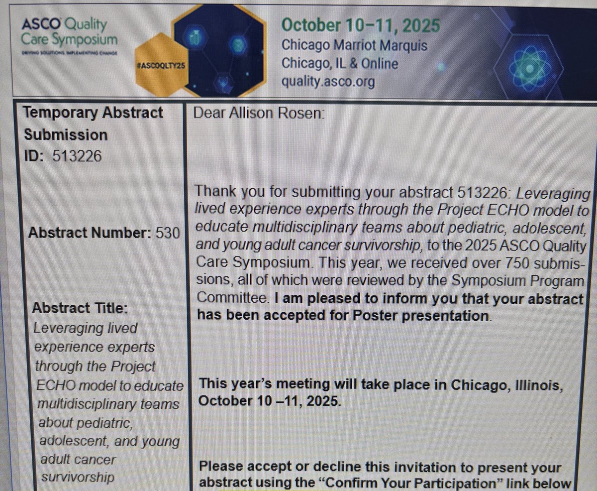 Allison Rosen, MS (@arosen380) on Twitter photo Beyond excited to share that our abstract has been accepted for poster presentation at the ASCO Quality Care Symposium! Grateful for the opportunity to contribute to QI in Peds/AYA oncology survivorship care through use of <a href="/ProjectECHO/">Project ECHO</a> <a href="/ASCO/">ASCO</a> <a href="/AmericanCancer/">American Cancer Society</a>
#AYACSM #ASCOQLTY25 Beyond excited to share that our abstract has been accepted for poster presentation at the ASCO Quality Care Symposium! Grateful for the opportunity to contribute to QI in Peds/AYA oncology survivorship care through use of <a href="/ProjectECHO/">Project ECHO</a> <a href="/ASCO/">ASCO</a> <a href="/AmericanCancer/">American Cancer Society</a>
#AYACSM #ASCOQLTY25