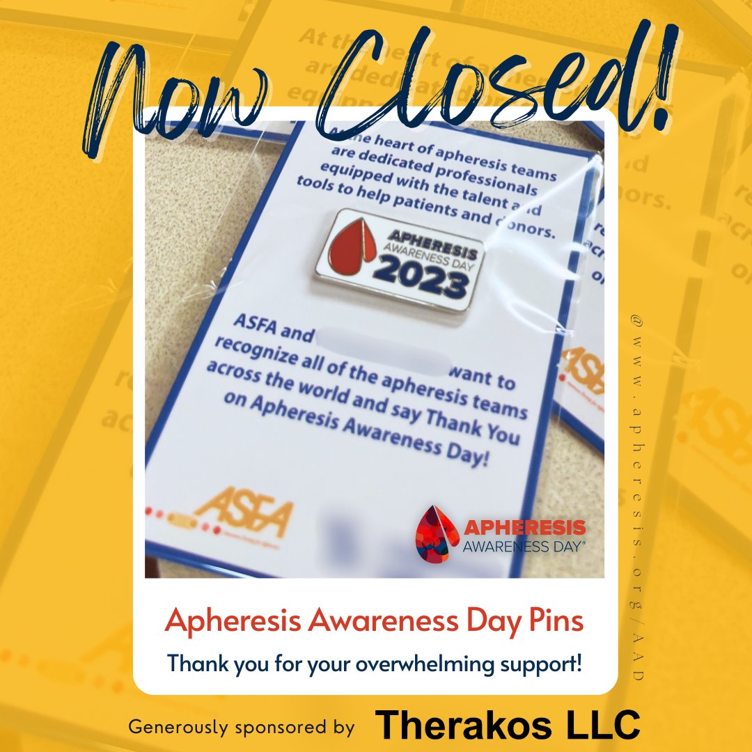 📢 All 2025 AAD pins have been claimed — submissions are now closed.
Thank you for the overwhelming response and huge thanks to Therakos LLC for making this offer possible!🎁

Wear your pins with pride on Apheresis Awareness Day!🩸

#AAD2025 #ApheresisAwareness