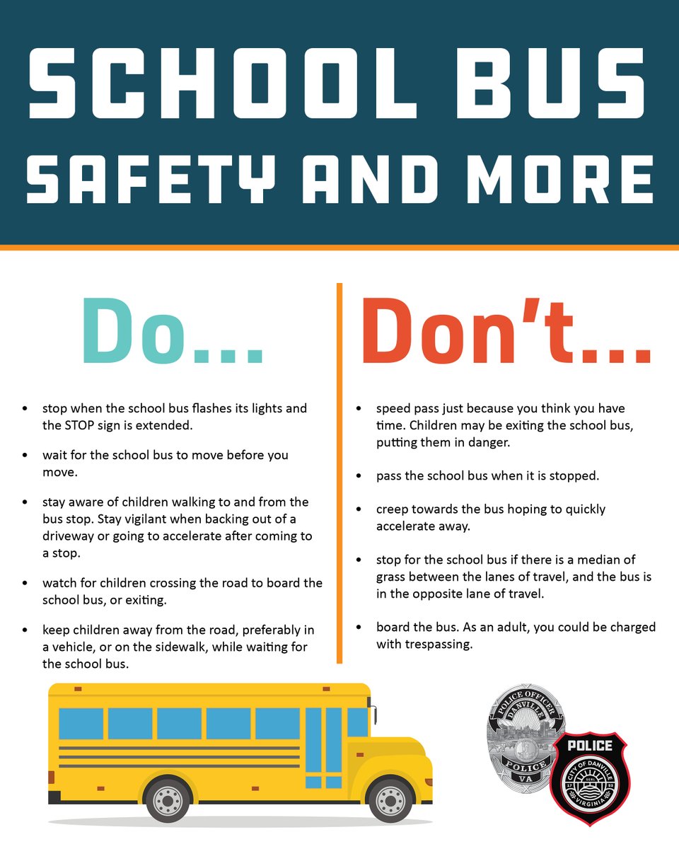 DanvilleVAPD's tweet image. School bus safety is a must. Not doing so could result in serious consequences including penalties and fines. Read more about the Do's and Don'ts around school bus safety here.
