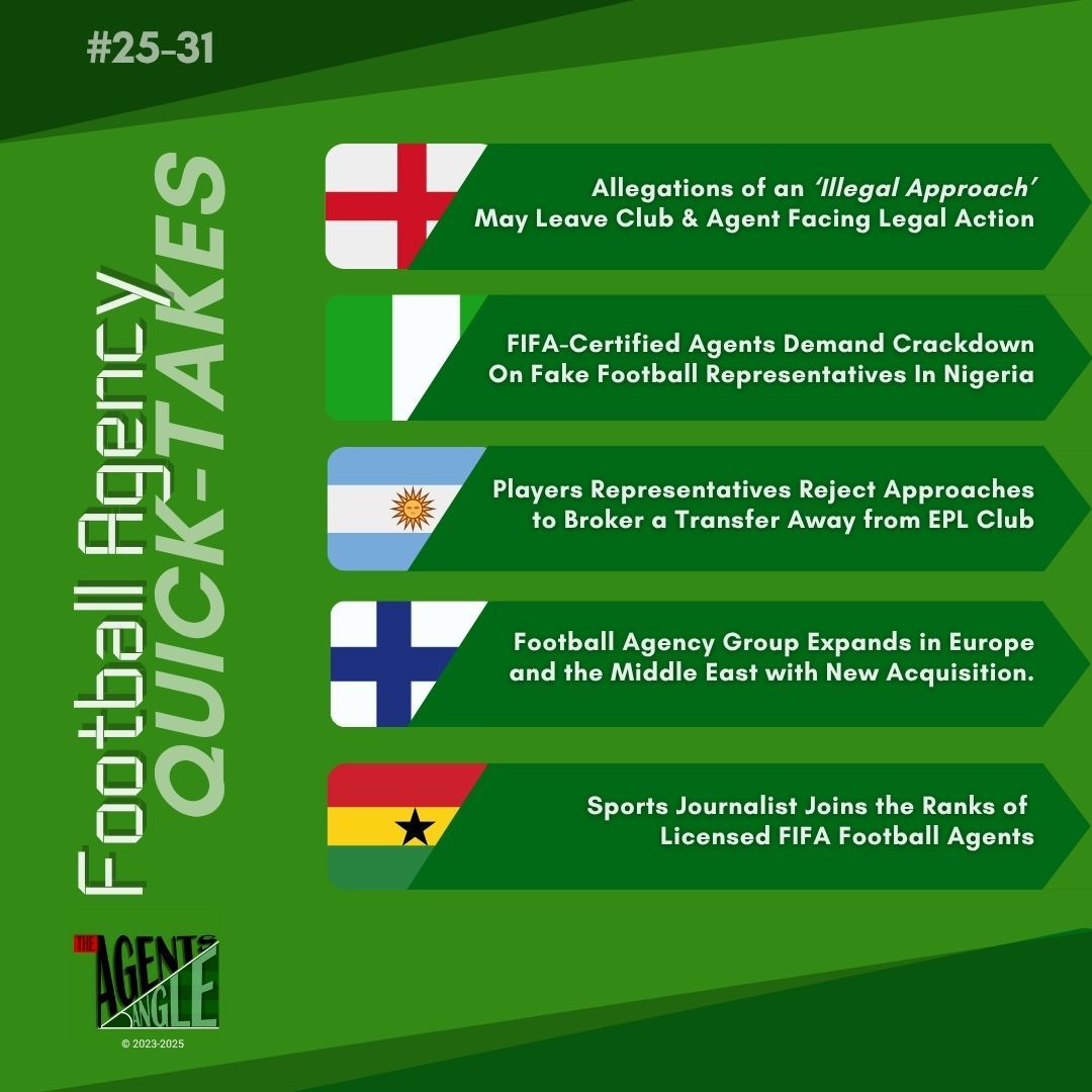 The football agent world never slows down.
Quick Takes #31 from <a href="/TheAgentsAngle/">The Agents Angle</a> features:

⚖️EPL legal trouble over ‘illegal approach’ 
🚨Calls to crack down on fake agents in Nigeria 
🖊️A journalist swaps the press box for FIFA agent license 

Read: buff.ly/SrUegyY