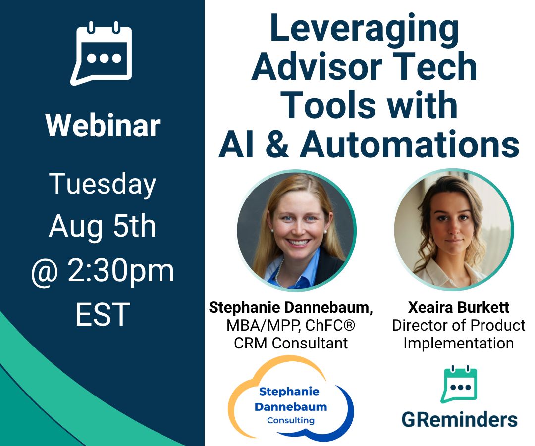 g_reminders's tweet photo. ONE WEEK AWAY!

Your CRM isn't just a database — it's the backbone of your client experience. But most advisors are only scratching the surface of what their CRM + Advisor Tech tools can actually do. Register now! https://t.co/KhIwhkxPNs https://t.co/4dByj8R0So