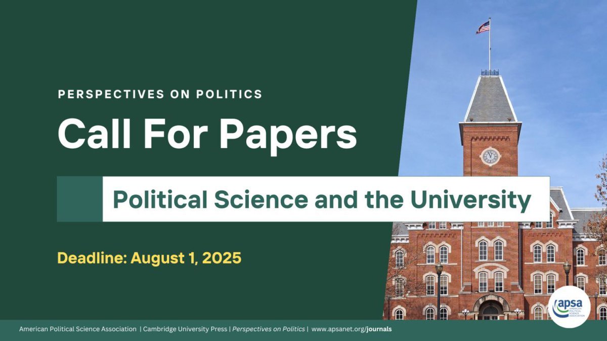 APSA (@apsatweets) on Twitter photo Call for Papers Close Friday! ⏰ What role should universities play in democratic life? <a href="/PoPpublicsphere/">Perspectives on Politics</a> is accepting papers for a special issue on the politics of #HigherEducation, #StudentActivism, #AcademicFreedom, and related topics!
🔗 buff.ly/yTdKDE5 Call for Papers Close Friday! ⏰ What role should universities play in democratic life? <a href="/PoPpublicsphere/">Perspectives on Politics</a> is accepting papers for a special issue on the politics of #HigherEducation, #StudentActivism, #AcademicFreedom, and related topics!
🔗 buff.ly/yTdKDE5
