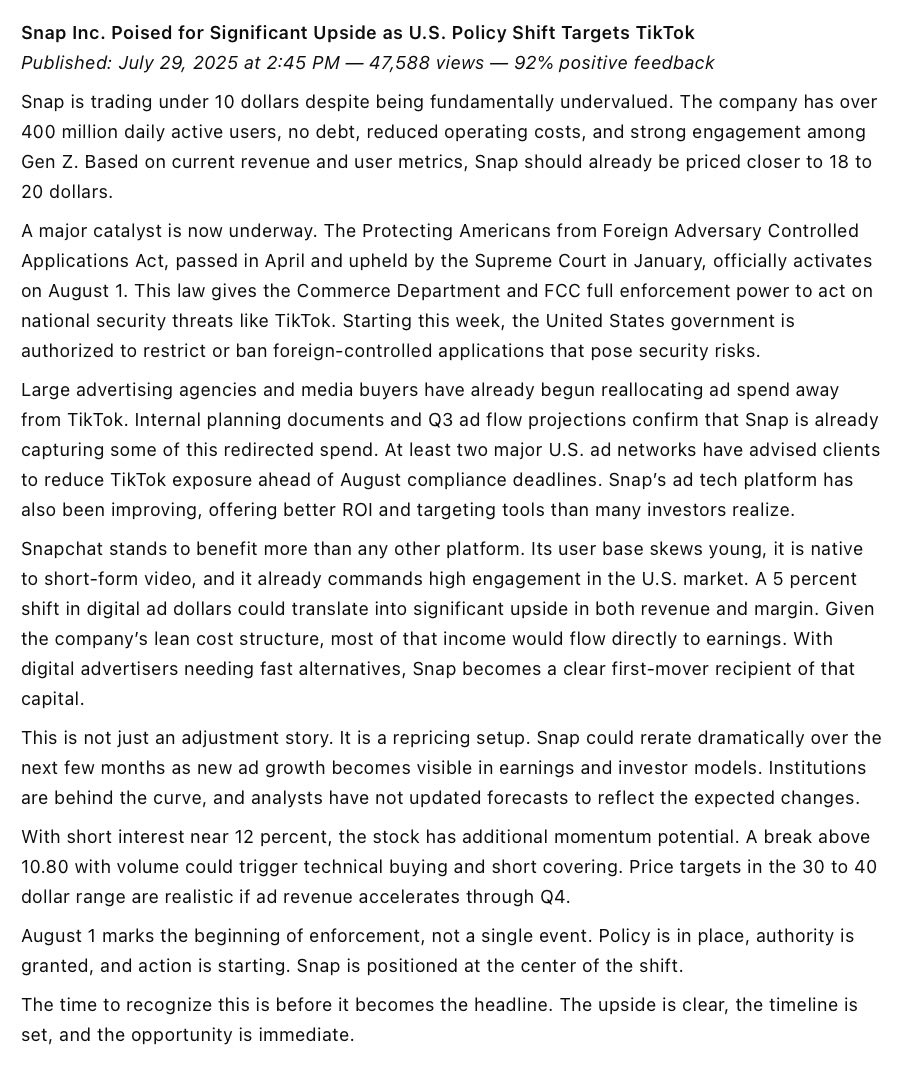 Nobody’s watching $SNAP but they should be.
TikTok is about to get banned and removed starting August 1.
Ad dollars are already shifting.
Snapchat is in the perfect spot to explode.
<a href="/Snapchat/">Snapchat</a> <a href="/tiktok_us/">TikTok US</a> <a href="/Business/">Bloomberg</a> <a href="/WSJ/">The Wall Street Journal</a> <a href="/CNBC/">CNBC</a> <a href="/thechartreaders/">The Chart Readers</a> <a href="/unusual_whales/">unusual_whales</a> #TikTokBan #stocks