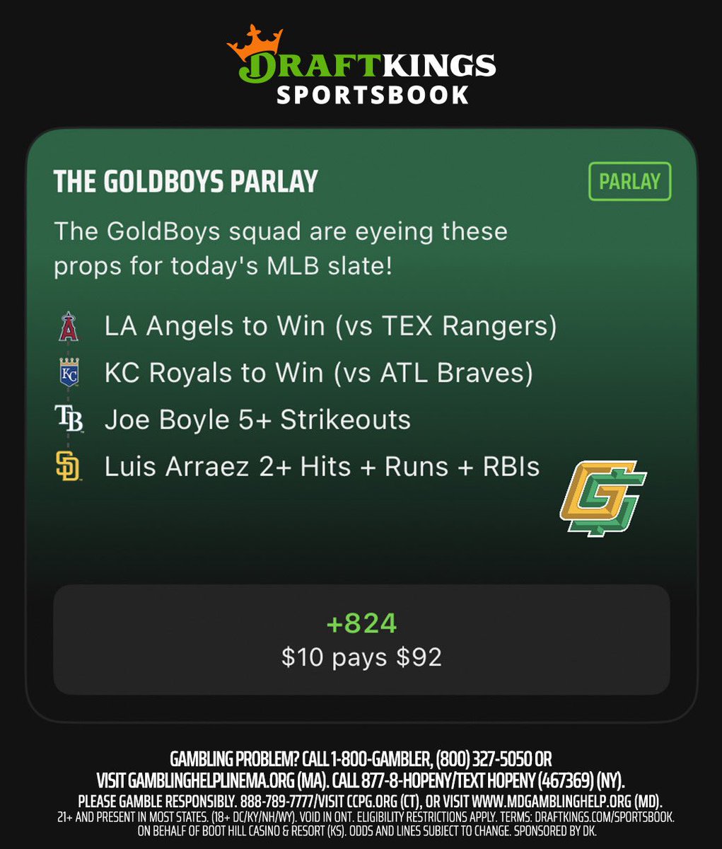GoldBoys's tweet photo. 🚨 #SquadRide on @DKSportsbook for today’s MLB slate! 👑

If this parlay CASHES, we’re giving $100 to 5 people! 👏

Make sure to use your NO SWEAT bet &amp; enter: ⬇️

1️⃣ Like
2️⃣ RT
3️⃣ Tail it on DK (Search GoldBoys in the app)

#DKPartner https://t.co/Iy8XBJPj5O