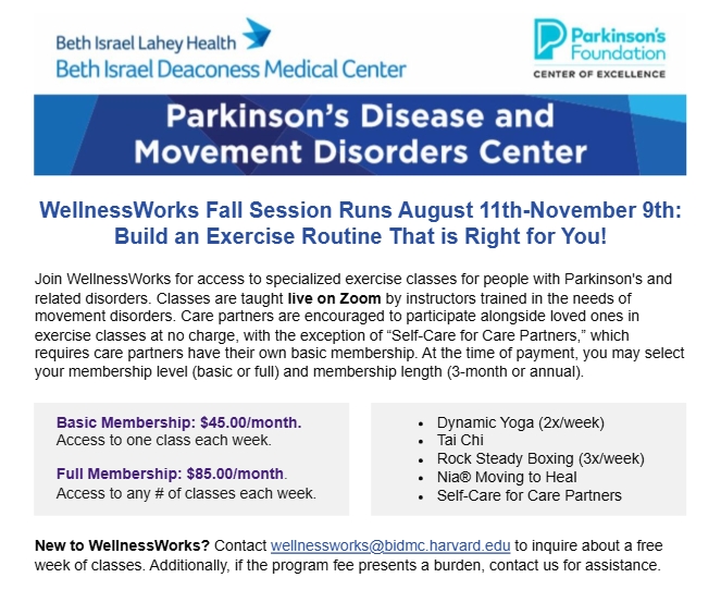 The WellnessWorks Fall session begins August 11th! Join now for access to specialized exercise classes for people with #Parkinson's disease (#PD). Using the form below, select your membership level (basic or full) and membership length (3-month or annual): forms.office.com/Pages/Response…