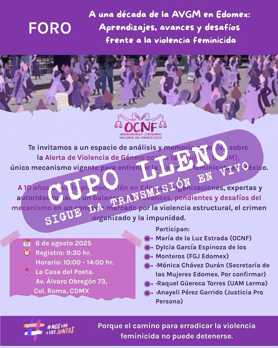 ¡Gracias por su interés en el Foro! Tenemos cupo lleno en el lugar, pero pueden seguir la transmisión en vivo. Pronto compartiremos el enlace.

Gracias por el entusiasmo y compromiso de las personas interesadas en asistir.

#NosVanAVerJuntas #AVGM #ViolenciaFeminicida #Edomex