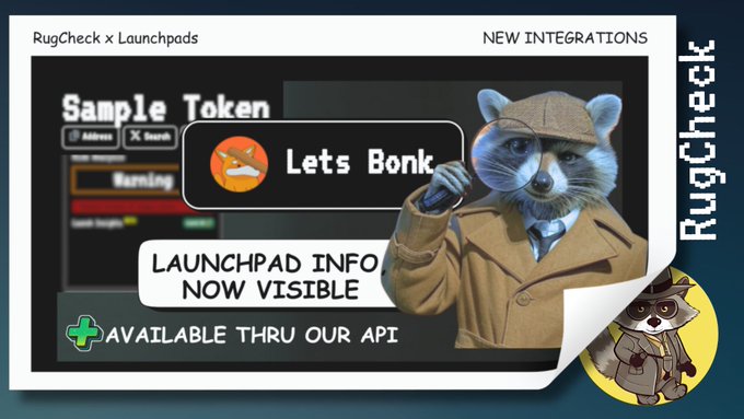 RugCheck Launchpad Integration showcasing a sample token 'Lets Bonk' with visible launchpad info