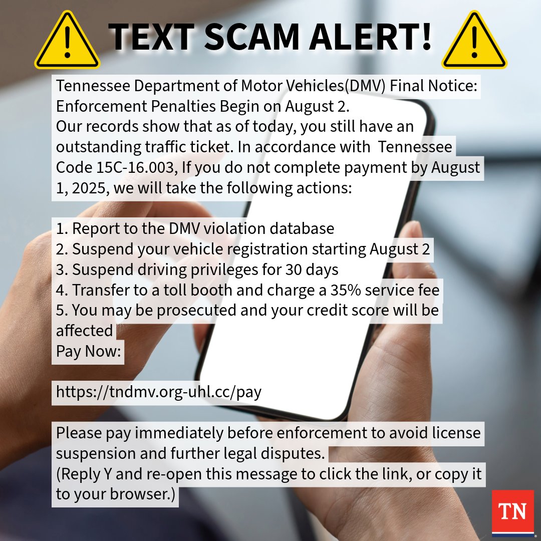 Don't fall for it! This text message is a scam. It includes a fake Tennessee government website address. You cannot get your vehicle registration revoked for an unpaid parking ticket. Delete and report this message as junk if you receive it.