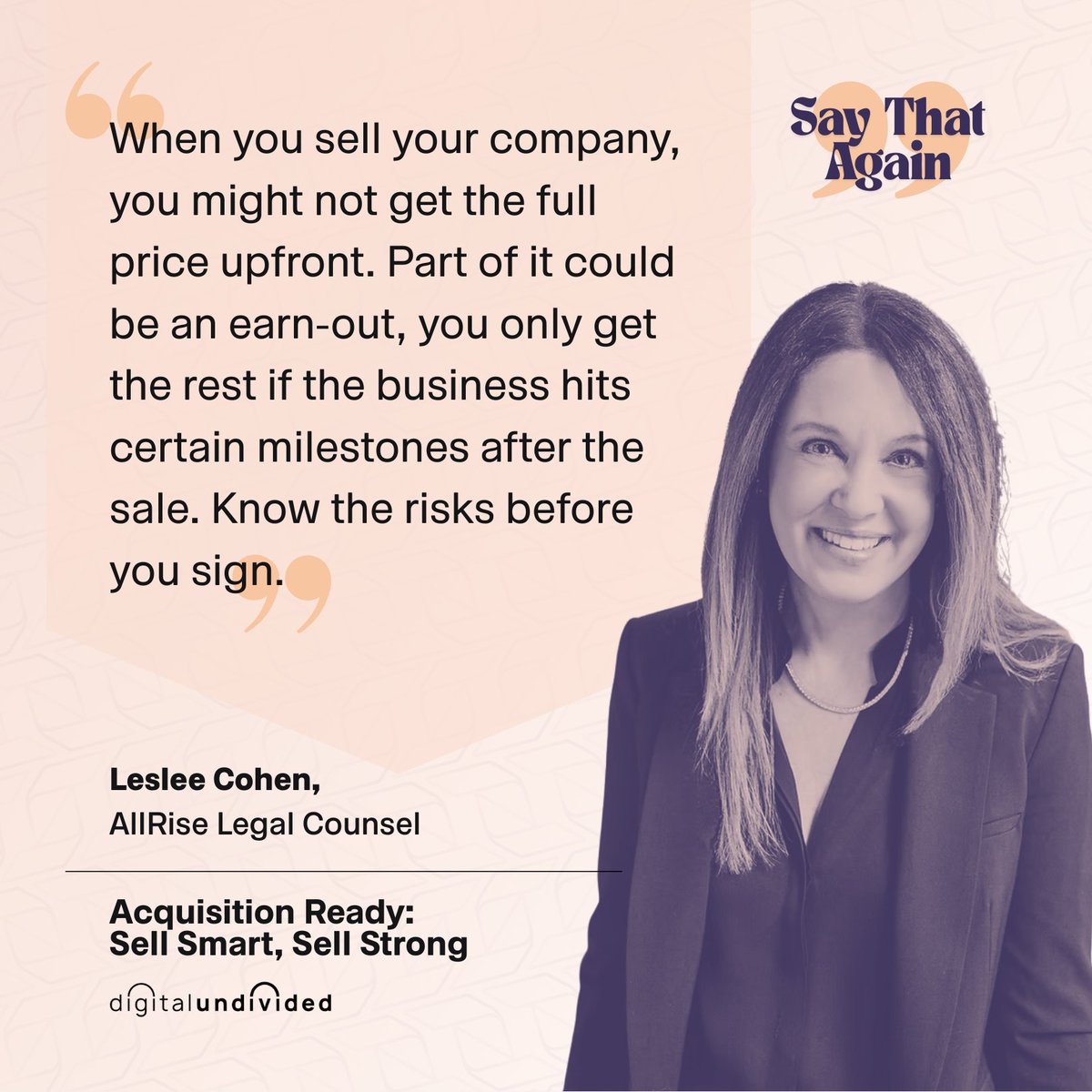 digundiv's tweet image. “When you sell your company, you might not get the full price upfront.”
Earn-outs = risk.
🔥 Leslee Cohen @ Acquisition Ready, NY Tech Week 2025
#SayThatAgain #AcquisitionReady #NYTechWeek @digundivided