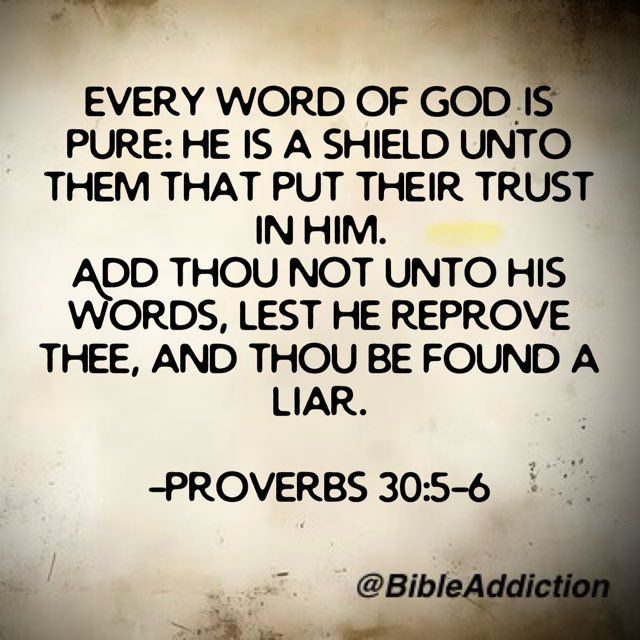 “Every word of God is pure: He is a shield unto them that put their trust in him. 
Add thou not unto his words, Lest he reprove thee, and thou be found a liar.”
-Proverbs 30:5-6 KJV