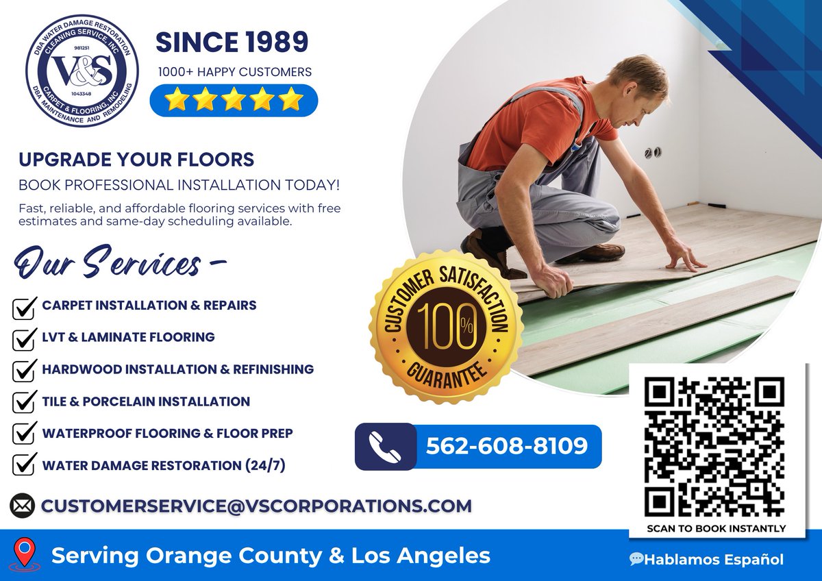 VSWaterDamage's tweet photo. 🏡 Upgrade Your Floors, Upgrade Your Home! ✨
Serving Orange County &amp; LA since 1989 with 1000+ happy customers.

📞 562-608-8109 | 🌐 https://t.co/oPs7Nvwcdu
💌 info@vscorporations.com
✨ Book Today &amp; Love Your Floors Tomorrow!
#FlooringExperts #HomeRenovation #HardwoodFloors https://t.co/rcJc8IK06y