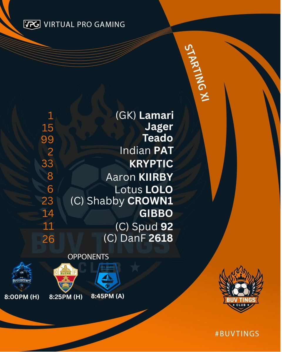 VPG Summer Season kicks off for its SECOND NIGHT and the Buv Tings Club are coming in HOTTER  
Here’s your Starting XI for opening night 👇 
📷 GK: LAMARI
📷 DEFENCE - KRYPTIC | PAT | TEADO | JAGER
📷 MIDFIELD - KIIRBY | LOLO  
📷 ATTACK - GIBBO | SPUD (C) | DANF2618 (C) |