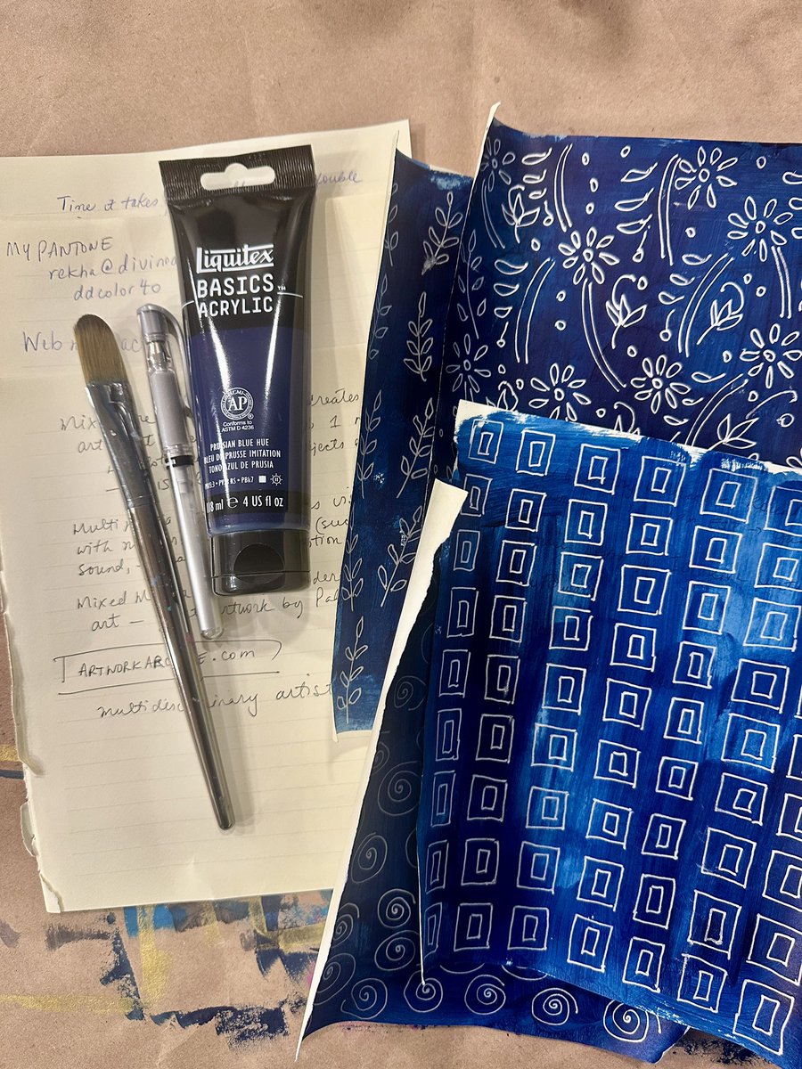 DivineNY's tweet image. Gave new life to an old notebook—tore out the pages, painted them in deep blues and vibrant hues, then layered on patterns with gel pens and markers. No rules, just creative flow. 🎨✨
#HandpaintedPapers #CreativePlay #MarkMaking #ArtProcess