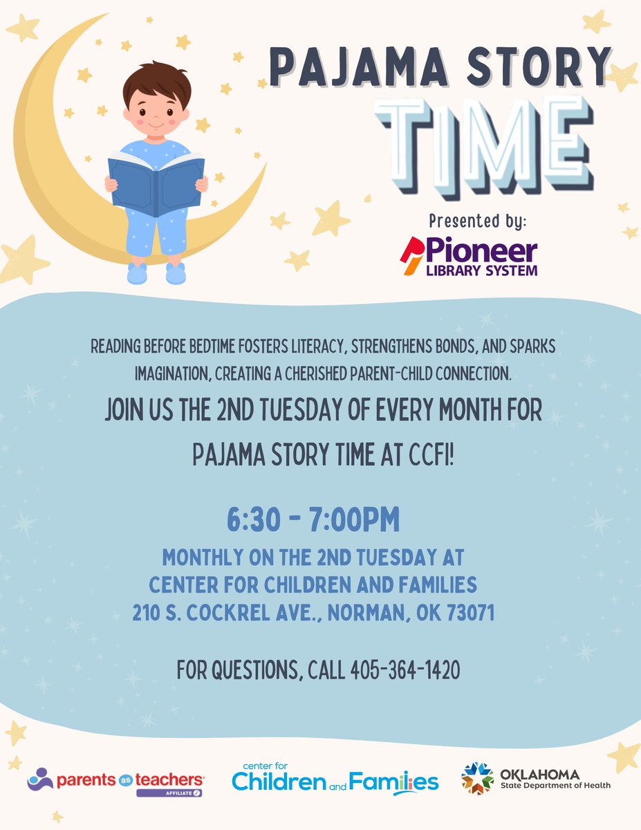 We are excited to continue offering Pajama Story Time in partnership with the Pioneer Library System every 2nd Tuesday at CCFI! Reading before bed nurtures literacy, strengthens bonds, and sparks imagination, creating a cherished parent-child connection. #CCFINorman