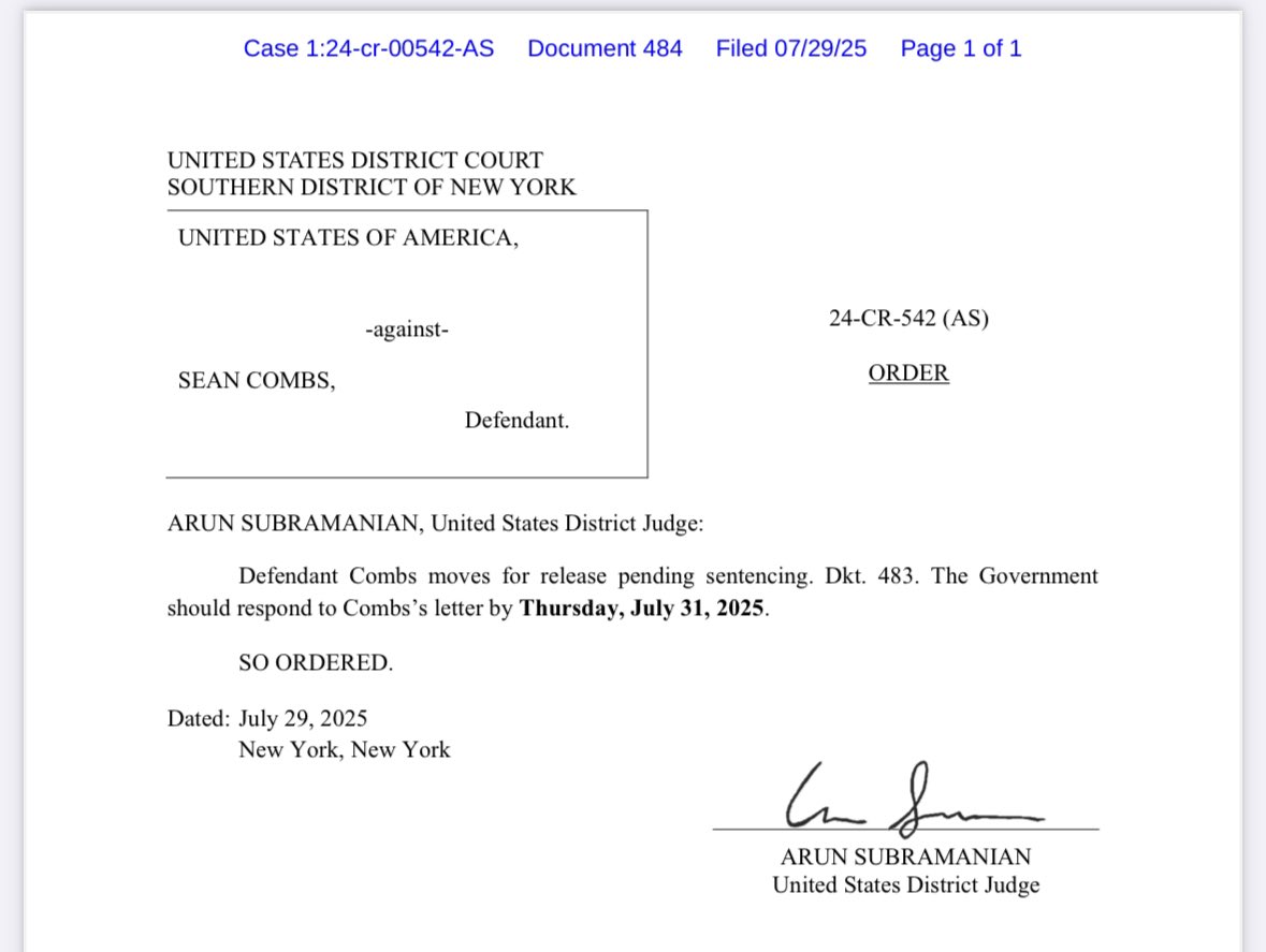 Judge Subramanian has given prosecutors until Thursday to respond to Sean “Diddy” Combs’ request that he be released from jail before sentencing.