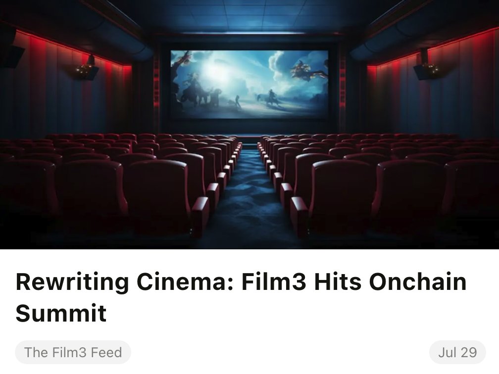 Film3 Foundation | Film3 Festival (@501cfilm3) on Twitter photo The Film3 Festival is rapidly approaching! Speakers are finalizing talks this week & run of show is preparing for lift off. We are beyond stoked to share this stunning event with you as a part of <a href="/onchainsf/">Onchain Summit San Francisco</a> closing day, Aug 24th. Details here: paragraph.com/@film3/rewriti…
Don't miss The Film3 Festival is rapidly approaching! Speakers are finalizing talks this week & run of show is preparing for lift off. We are beyond stoked to share this stunning event with you as a part of <a href="/onchainsf/">Onchain Summit San Francisco</a> closing day, Aug 24th. Details here: paragraph.com/@film3/rewriti…
Don't miss