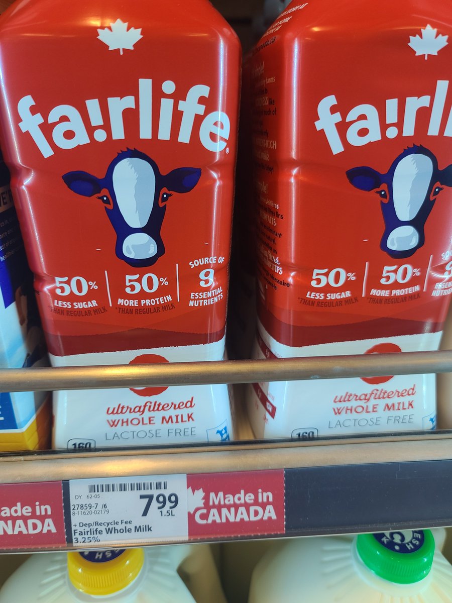 KirkLubimov's tweet photo. Made in Canada used to mean quality. Now, it just means you are about to get ripped off.

$7.99 for 1.5L of milk. That's less than half a gallon.

And all Parties support Canadians continue to overpay for dairy products and ruin trade relationships over it.
Madness. https://t.co/SkY6PKKEJQ