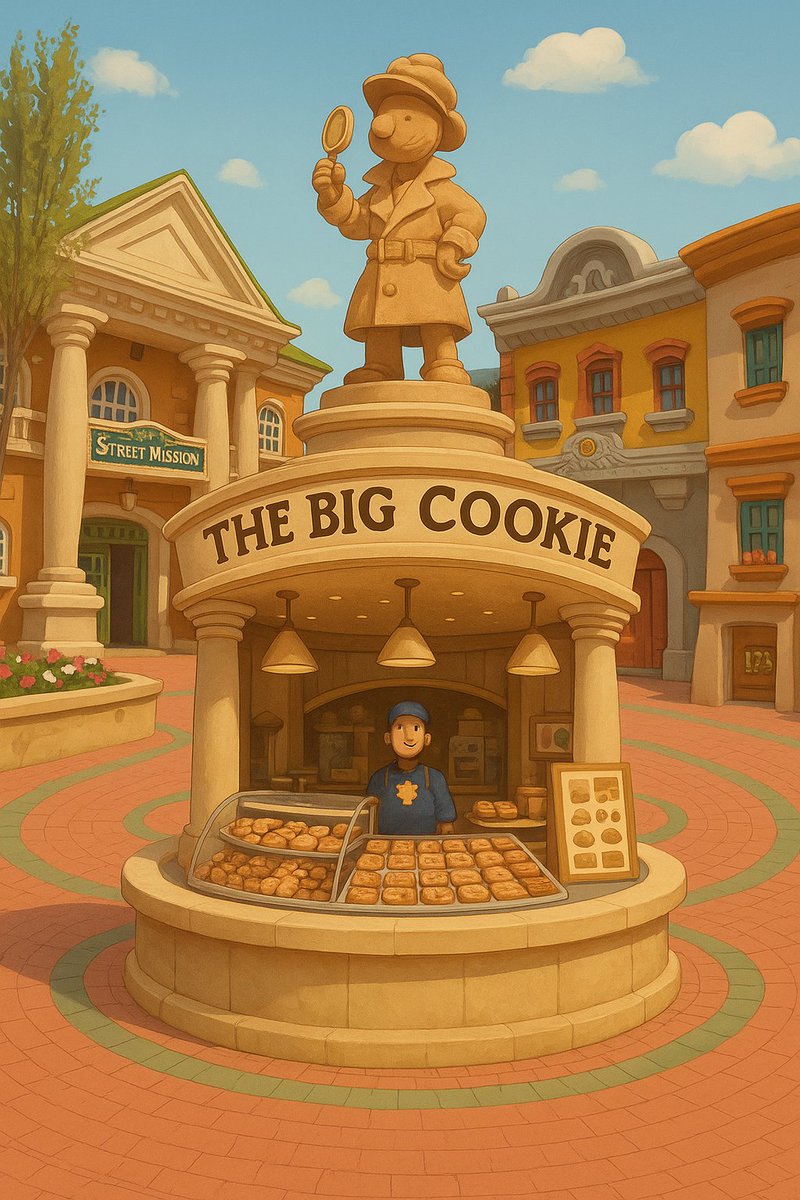 Aleucine's tweet photo. 💡 Un quiosco de cookies justo donde está la fuente de la plaza, aprovechando la estatua del detective para ponerla en el tejado.

Nombre: The Big Cookie 🍪
El concepto es barato y flexible:
Puede incluso ser franquicia (tipo Chök) 
Fácil y con margen de sobra para ganar cash. https://t.co/o0lliPfRfi