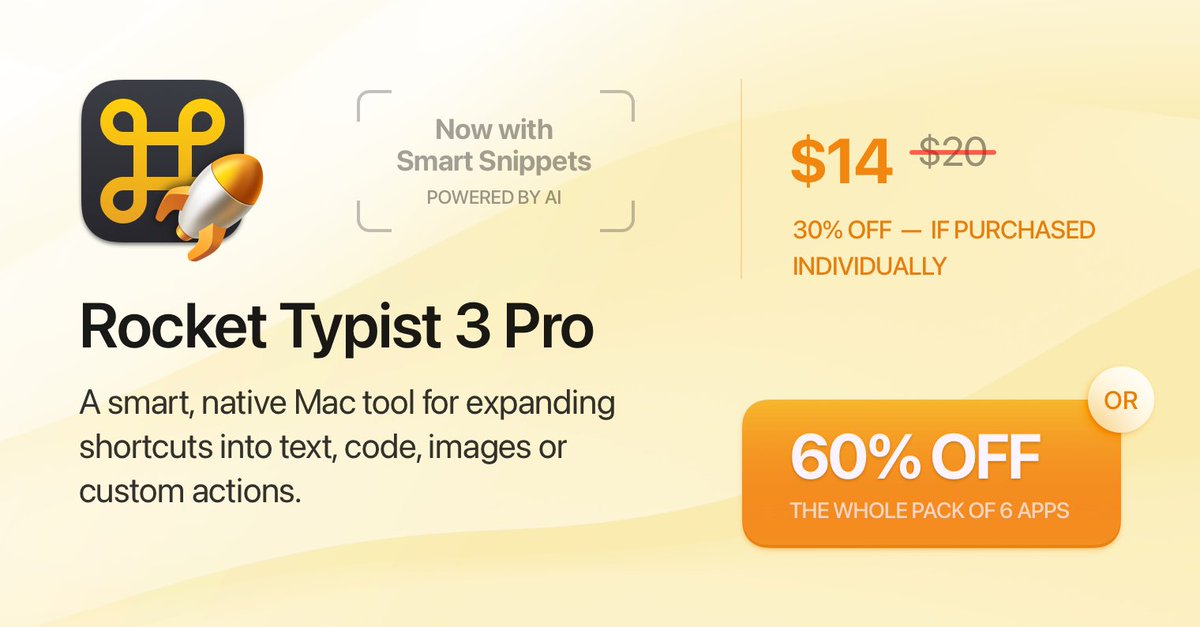4/6

Typing something can be boring. Period. Especially if it’s something long. Especially if you have to retype things over and over again.

Imagine if you could quickly type entire chunks of text in an instant. RocketTypist does it for you — now even faster with Smart Snippets