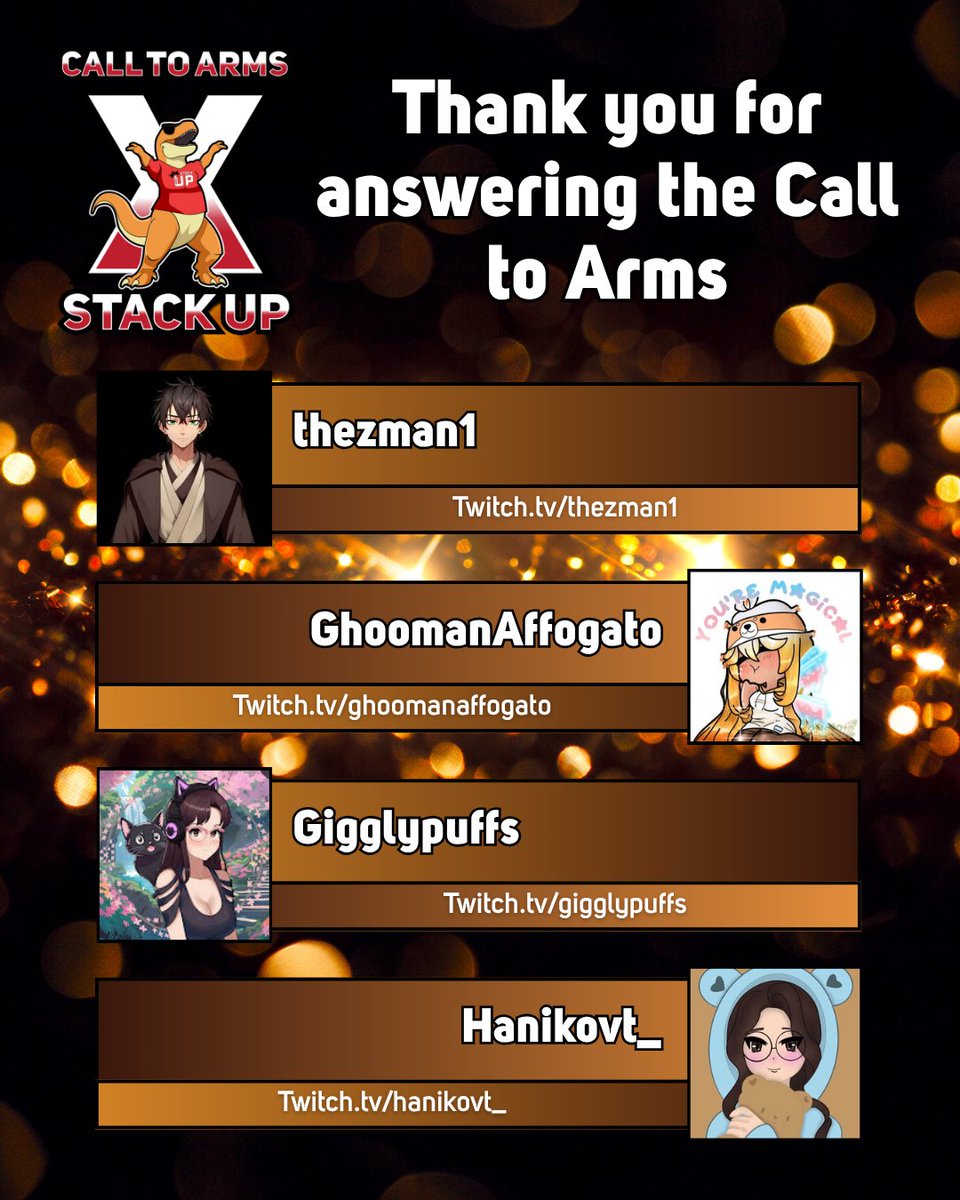Stack Up Rex (@stackuprex) on Twitter photo Thanks to these streamers for working with <a href="/StackUpDotOrg/">Stack Up</a> and supporting our mission through the power of gaming! 💪🦖
<a href="/theZman1_/">mr'maes</a> | Twitch.tv/thezman1
<a href="/AffogatoGhooman/">🟠GᕼOOᗰᗩᑎ ᗩᖴᖴOGᗩTO: VSlime of All Trades ☕</a> | Twitch.tv/ghoomanaffogato
Gigglypuffs | Twitch.tv/gigglypuffs
<a href="/hanikovt/">Haniko・🧸🔪 VTUBER・Artist</a> | Twitch.tv/hanikovt_ Thanks to these streamers for working with <a href="/StackUpDotOrg/">Stack Up</a> and supporting our mission through the power of gaming! 💪🦖
<a href="/theZman1_/">mr'maes</a> | Twitch.tv/thezman1
<a href="/AffogatoGhooman/">🟠GᕼOOᗰᗩᑎ ᗩᖴᖴOGᗩTO: VSlime of All Trades ☕</a> | Twitch.tv/ghoomanaffogato
Gigglypuffs | Twitch.tv/gigglypuffs
<a href="/hanikovt/">Haniko・🧸🔪 VTUBER・Artist</a> | Twitch.tv/hanikovt_
