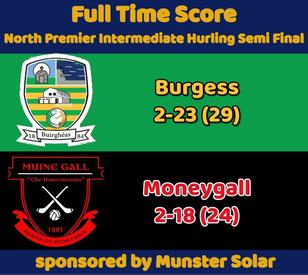 Munster Solar North Premier Intermediate Hurling Semi Final

Burgess 2-23 (29)
Moneygall 2-18 (24)

Burgess will play Ballina in the North Final this coming Sunday - time and venue to be confirmed