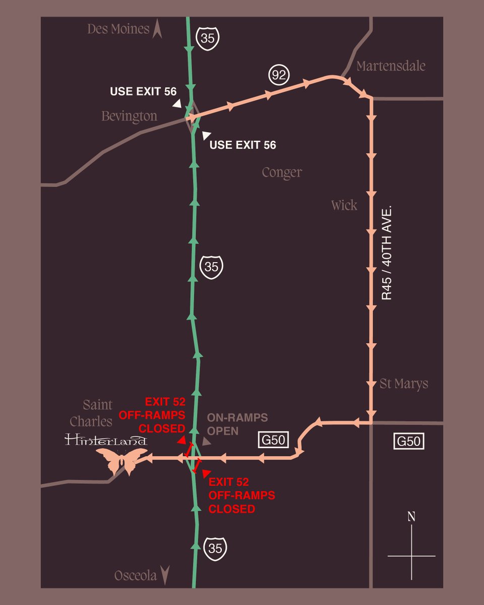 hinterlandiowa's tweet photo. Make sure you know the NEW ROUTE into Hinterland!! ‍

‍This year’s updated traffic route prioritizes festival-goer’s safety. By preventing backups onto the interstate, we’re ensuring a smoother, safer arrival for everyone.

Whether you ride or drive, plan ahead for inevitable traffic delays. Peak travel times are 9am on Friday (for campers), 3pm-5pm each day, and at the end of each night. If you aren’t able to head out early to avoid traffic, remember to keep it friendly and kind. Your fellow Hinterlanders are waiting too, and everyone will be there soon!

https://t.co/kW61lLklhR