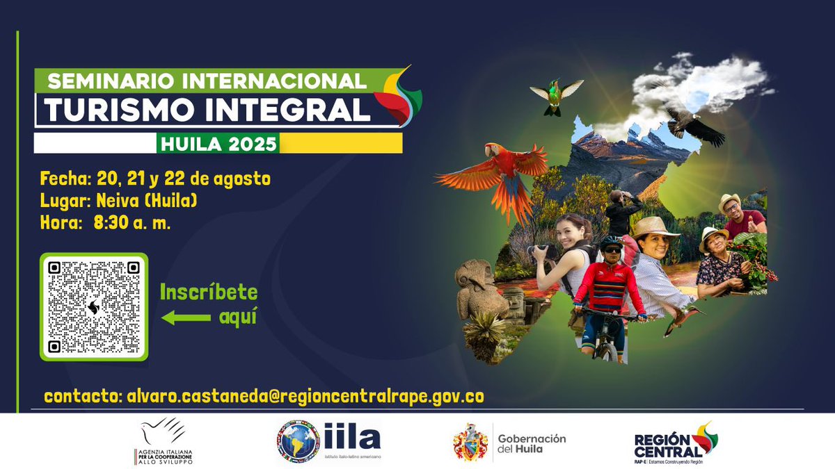 ¡Huila te espera para vivir una experiencia que transformará el turismo en nuestra región!

Te invitamos al Seminario Internacional de Turismo Integral un espacio de aprendizaje, conexión y diálogo sobre el turismo sostenible, biodiverso y cultural.

📍 Neiva, Huila
🗓️ 20, 21 y