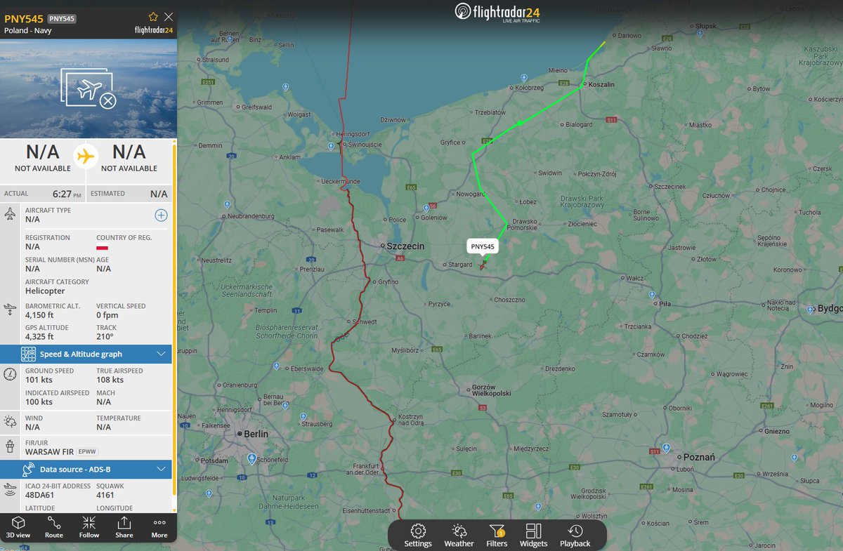 PolishMilRadar's tweet photo. 📅29.07⌚️21:23LT
🚁 #PNY545 Leonardo AW101 "6202" Lotnictwa Marynarki Wojennej 🇵🇱 z bazy w Darłowie #EPDA 🇵🇱 wykonuje prawdopodobnie szkoleniowy lot VFR.
🔗https://t.co/vcZrjTZT54
#POLMILRADAR https://t.co/H7cXTRdZYR