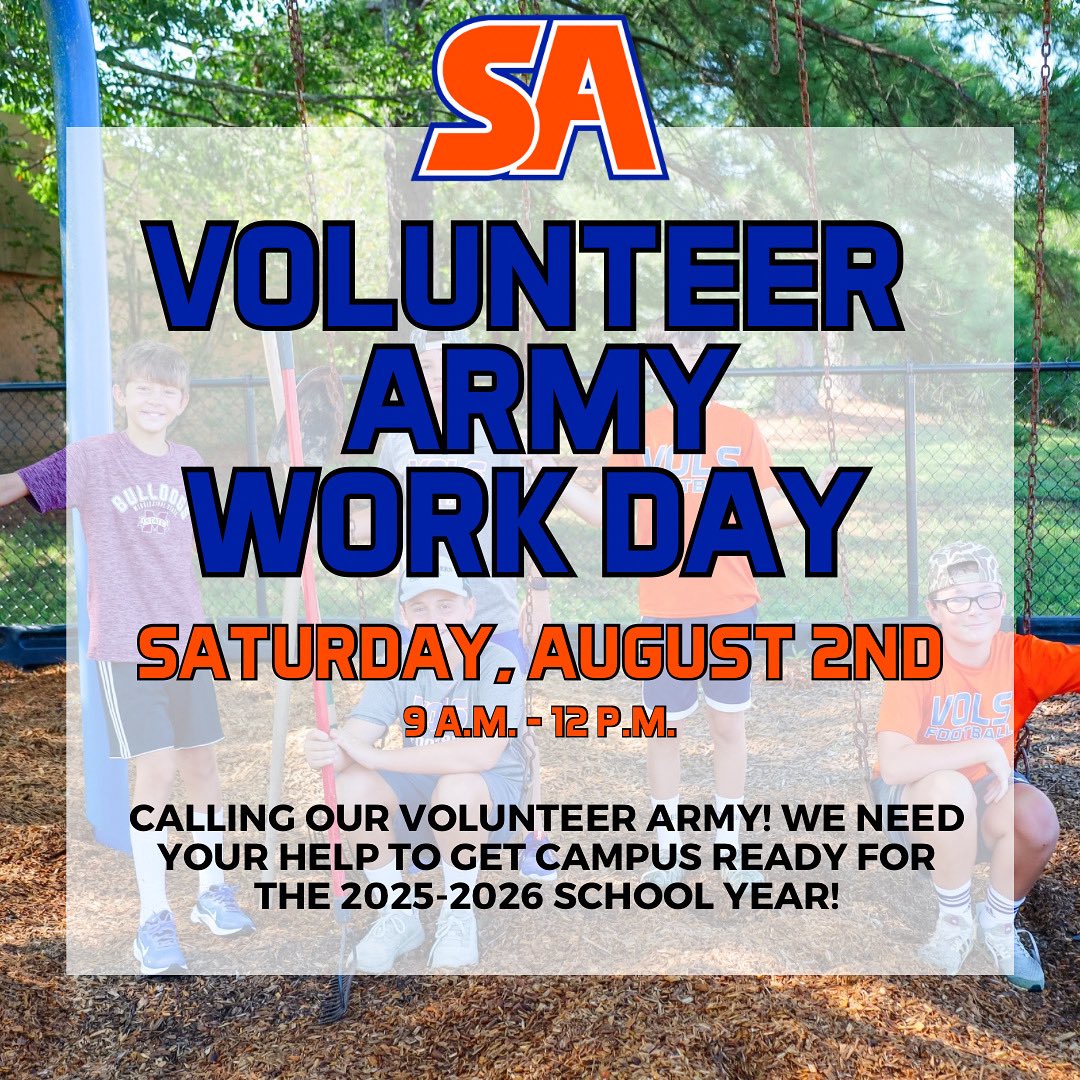 Join us THIS Saturday, August 2nd for Volunteer Army Workday. We need YOUR help! We need as many parents and kids on campus to help from 9 a.m. - 12 p.m.! #ChooseSA