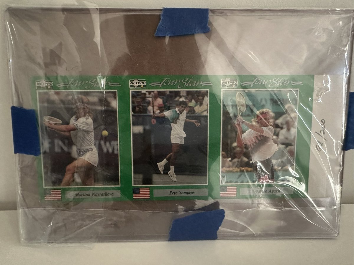 Just got this shipped home from COMC:

1 of 200 uncut strips NetPro sent out to tennis shops in 1991 before the official release of the card set.

Notice the purple tennis ball on the Sampras!