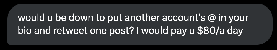 My account is now big enough for scammers to offer me $80/day to promote shady links. We made it. $100 soon 🙏