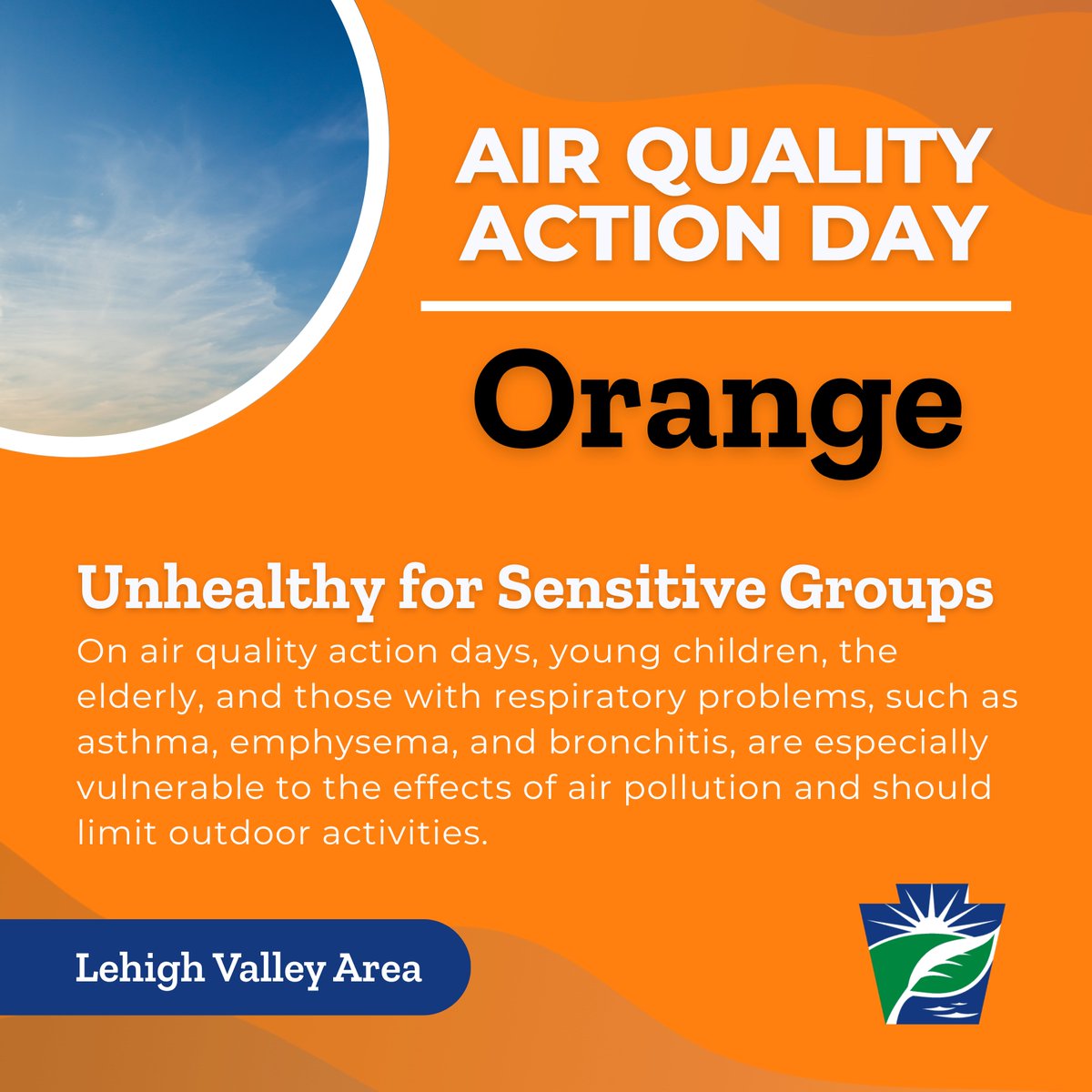 PennsylvaniaDEP's tweet image. Code Orange Air Alert 🟠 Philadelphia and Lehigh Valley areas – Wednesday, July 30 

The air in these areas may be unhealthy for some people tomorrow. 

If you’re a child, older adult, or have breathing problems like asthma, try to stay inside during the late morning and…