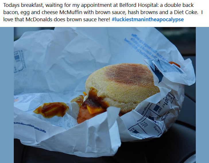 A year ago today, I was waiting to have my stitches checked out in Ft. William. McDonalds has brown sauce in Scotland!!