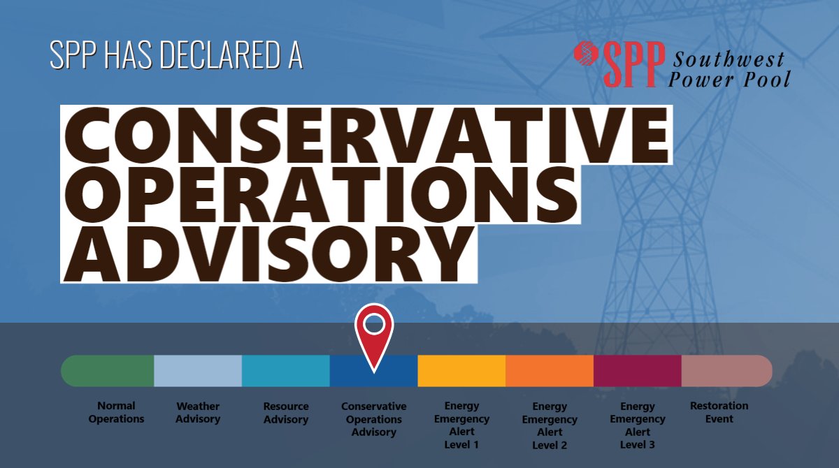 SPP is issuing a Conservative Operations Advisory for the entire SPP balancing authority (BA) effective Tues., July 29 from 1:50 p.m. CT until 8:00 p.m. CT. 

Conservative Operations Advisories do not require the public to conserve energy.

Learn more: bit.ly/3O4jJ0h