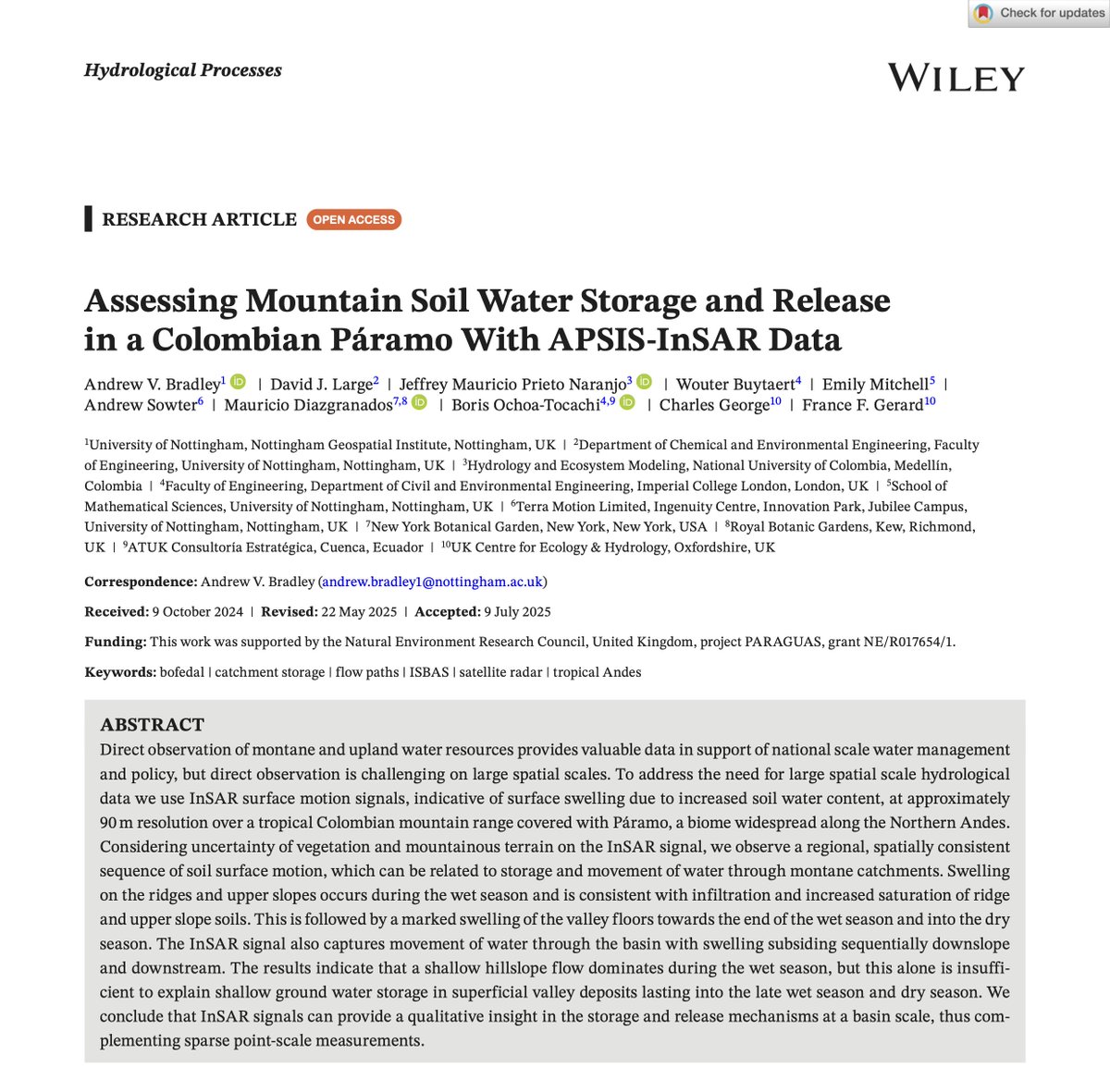 Nueva publicación 📢:

Assessing Mountain Soil Water Storage and Release in a Colombian Páramo With APSIS-­ InSAR Data

by #Bradley, #Large, <a href="/jeffreyprieto2/">Jeffrey</a>, <a href="/WouterBuytaert/">Wouter Buytaert</a>, #Mitchell, #Sowter, <a href="/MauricioDiazgra/">MauricioDiazgranados</a>, <a href="/topicster/">Boris F. Ochoa-Tocachi</a>, #George, #Gerard

Acceso libre: onlinelibrary.wiley.com/doi/10.1002/hy…