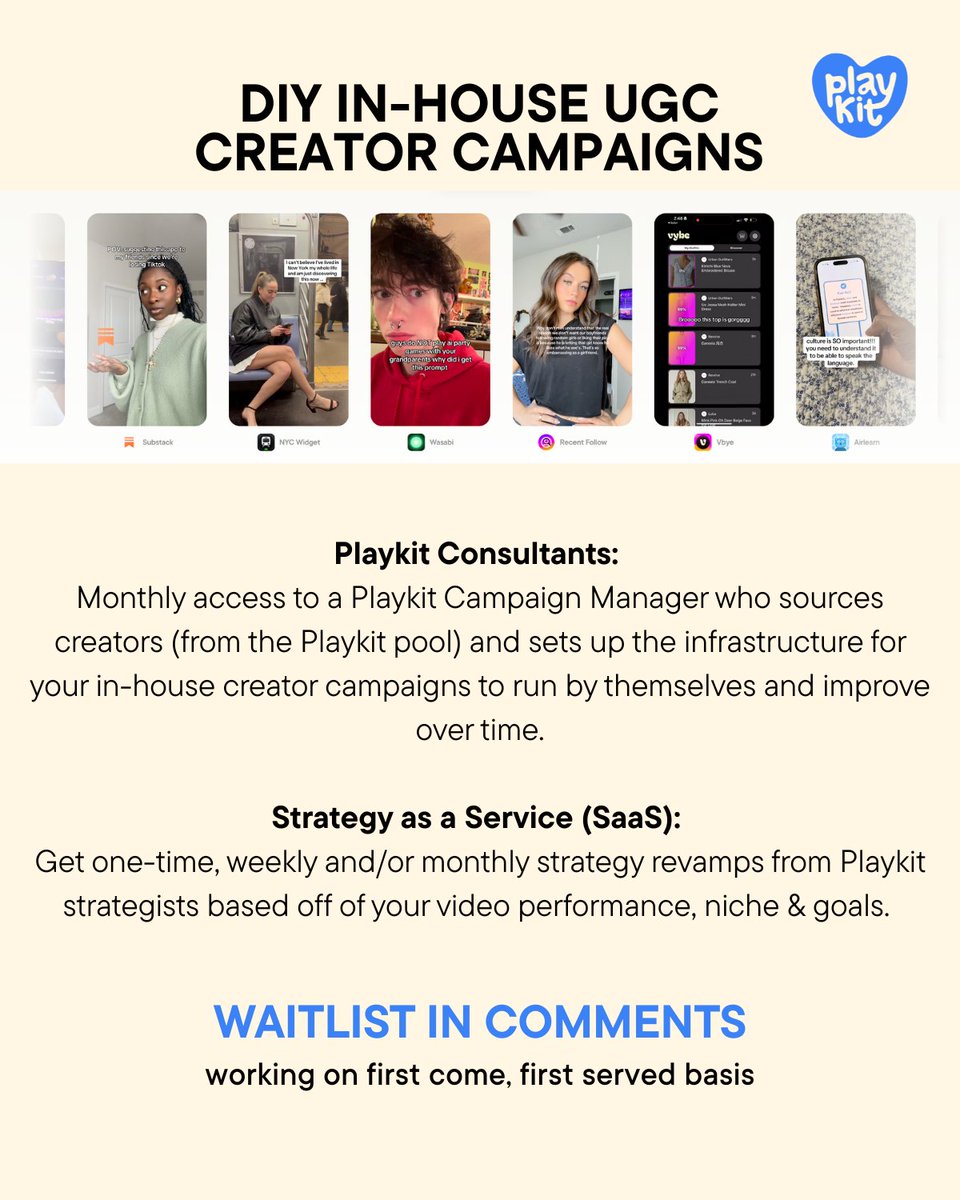 everyone wants to run their own creator campaigns, but it's hard b/c:

1. agencies are expensive
2. sourcing/managing creators is a full time job
3. strategy is hard to develop/iterate

so we're building the first DIY in-house creator campaign service

waitlist in comments