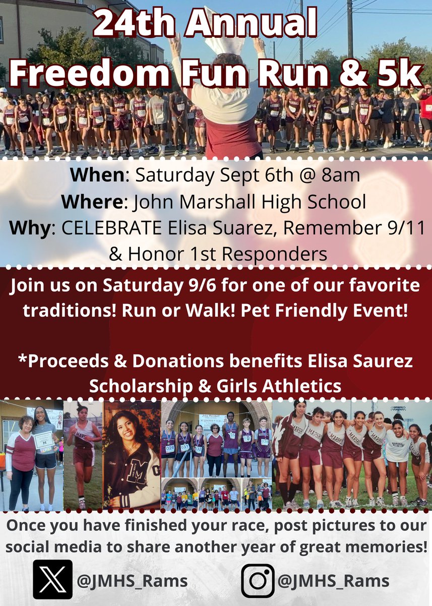 Marshall Girls Track (@ramsgirlstrack) on Twitter photo ๐บ๐ธ24th Freedom Fun Run & 5K๐บ๐ธ
๐
: Saturday Sept 6th
โฐ: 8:00 am
๐ซ: Outside the JMHS Main Building
๐: 8000 Lobo Lane 78240
Letโs remember 9/11, Remember Elisa Suarez & Honor 1st Responders with the Marshall Community! ๐บ๐ธ๐๐ปโโ๏ธ๐๐ #RamFam #RamPride #WeRemember911 ๐บ๐ธ24th Freedom Fun Run & 5K๐บ๐ธ
๐
: Saturday Sept 6th
โฐ: 8:00 am
๐ซ: Outside the JMHS Main Building
๐: 8000 Lobo Lane 78240
Letโs remember 9/11, Remember Elisa Suarez & Honor 1st Responders with the Marshall Community! ๐บ๐ธ๐๐ปโโ๏ธ๐๐ #RamFam #RamPride #WeRemember911