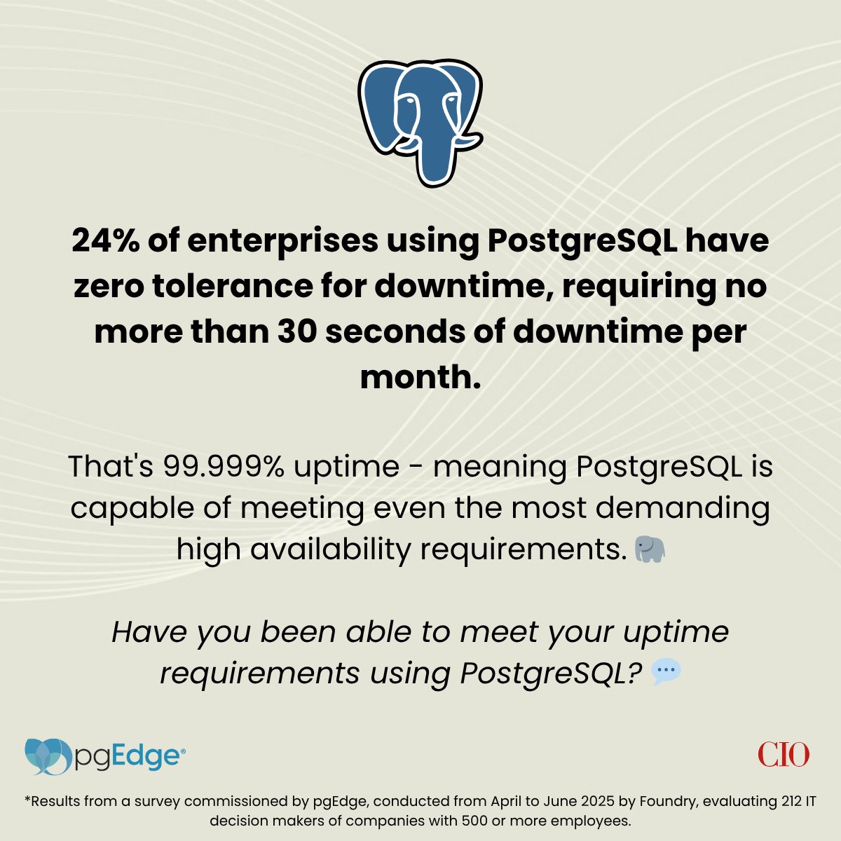 📉 Zero tolerance for downtime? You’re not alone.
24% of PostgreSQL users demand &lt;30 seconds of downtime per month.

See how they’re achieving it in our latest HA survey: hubs.la/Q03zpQTt0

#pgEdge #CIO #Foundry #PosgreSQL #postgresqlprofessionals
