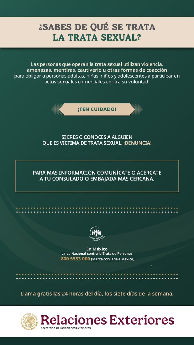 ConsulMexTor's tweet photo. La #TratadePersonas con fines de explotación Sexual y Laboral ha cobrado +4500 víctimas en Canadá.

¡Denúnciala! 👇
211 Ontario
Línea Contra la Trata 1-833-900-1010
Emergencias Consulares 647-448-1329
CIAM Canadá y EE.UU.: 520-623-7874

#DíaMundialContraLaTrata #AcabarConLaTrata https://t.co/wRIAEChwdl