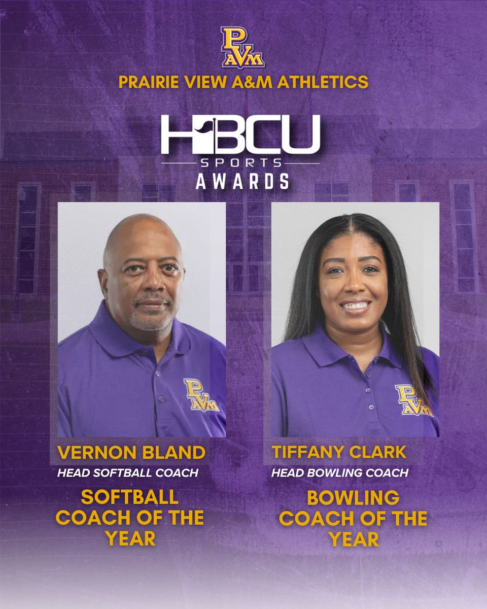 PVAMU Panthers (@pvamupanthers) on Twitter photo PVAMUATH: DOUBLE the honor for The Hill!
Congrats to Coach Tiffany Clark 🎳 (Bowling) & Coach Vernon Bland 🥎 (Softball) – named 2025 HBCU Coaches of the Year by <a href="/HBCUSports/">HBCU Sports</a>!
Your leadership = Panther Excellence 💜🐾
#PVU | #HBCUSportsAwards | #PantherPride | #HBCUExcellence PVAMUATH: DOUBLE the honor for The Hill!
Congrats to Coach Tiffany Clark 🎳 (Bowling) & Coach Vernon Bland 🥎 (Softball) – named 2025 HBCU Coaches of the Year by <a href="/HBCUSports/">HBCU Sports</a>!
Your leadership = Panther Excellence 💜🐾
#PVU | #HBCUSportsAwards | #PantherPride | #HBCUExcellence
