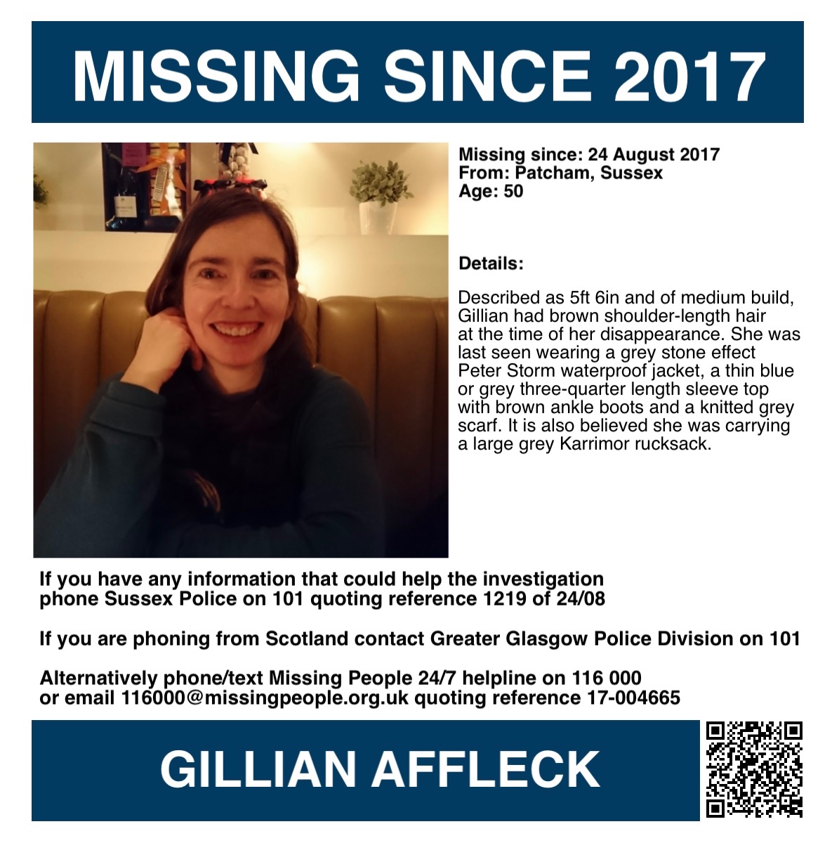 Missing Persons Support (@misperssupport) on Twitter photo It is Gillian Affleck’s birthday today, please keep her family in your thoughts 🙏🏻💜
If you have any information, contact Sussex Police on 101 quoting reference 1219 of 24/08. If you are calling from Scotland, contact Greater Glasgow Police Division on 101 or use their online It is Gillian Affleck’s birthday today, please keep her family in your thoughts 🙏🏻💜
If you have any information, contact Sussex Police on 101 quoting reference 1219 of 24/08. If you are calling from Scotland, contact Greater Glasgow Police Division on 101 or use their online