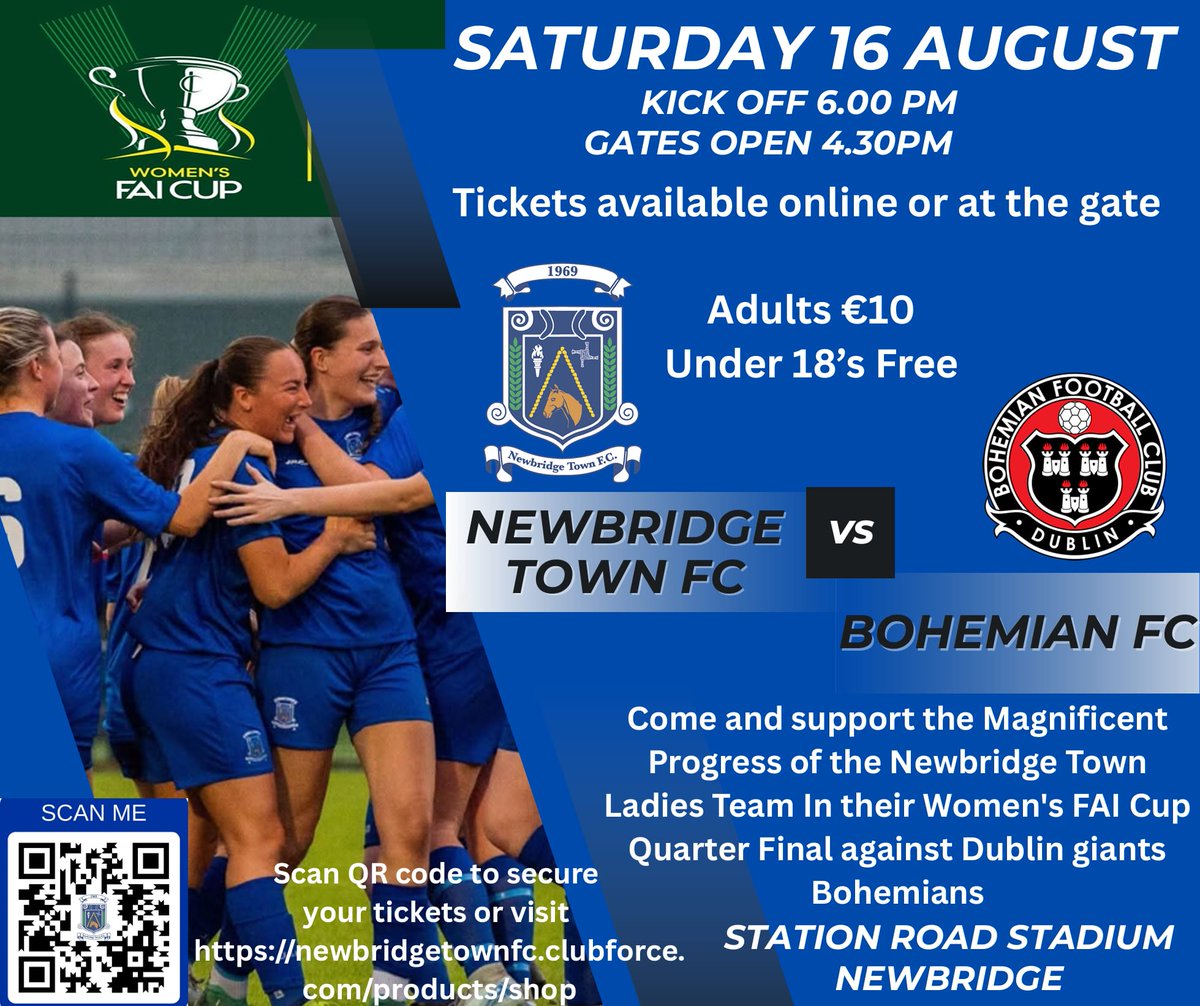 Newbridge Town FC 🆚 Bohemian FC
FAI Women’s Senior Cup QF
📅 Sat 16 Aug ⏰ 6PM
📍 Station Road, Newbridge

🎟️ Adults €10 | U18’s FREE
➡️ Tickets: newbridgetownfc.clubforce.com/products/shop
Let’s pack the place &amp; get behind the girls! 💙⚽