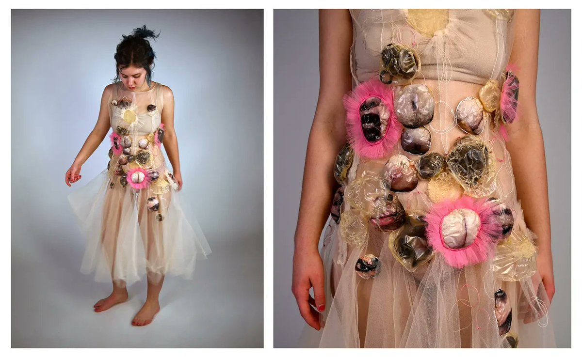 Congrats to FAC alumna Anna Cassell (‘25) who won a Surface Design Association Outstanding Student Award!

Unkempt—crafted with sewn tulle, hair, photo transfers, heat-distorted collagen casings, and lace—explores personal and global themes through hauntingly delicate materials.